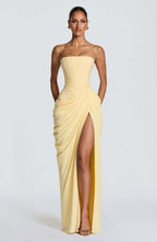 Off-shoulder ruffled slit dress